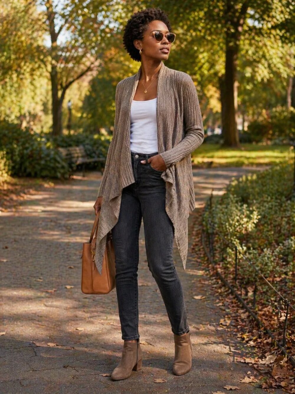 Warm Gray Ribbed Open-Front Cardigan